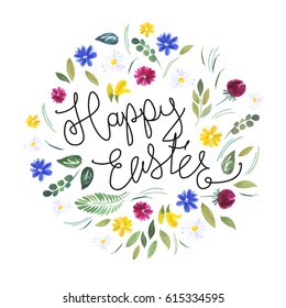 Happy Easter. Watercolor flowers and calligraphy vector greetings.