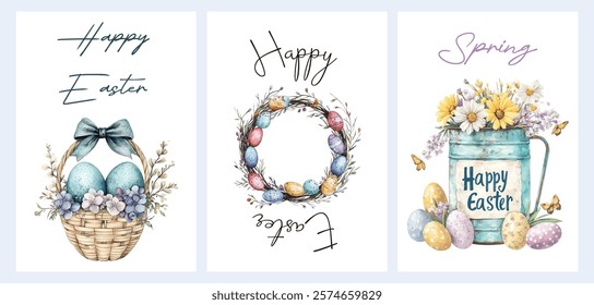 Happy Easter watercolor greeting card set. Easter basket with eggs,  wreath and bucket with flowers and Easter eggs. Watercolor Easter symbols. Vector illustration.