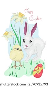 Happy Easter watercolor greeting card, website banner or poster with cute Easter bunny, little chick and spring flowers in pastel colors on light background. Isolated watercolor decor elements
