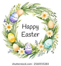 Happy Easter! Watercolor hand drawn painting of a easter wreath with colorful eggs and spring flowers. Vector illustration isolated on white background.