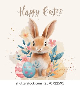 Happy Easter watercolor illustration featuring a cute rabbit, painted Easter eggs, and spring flowers in pastel colors on a beige background. Each element is isolated and movable.