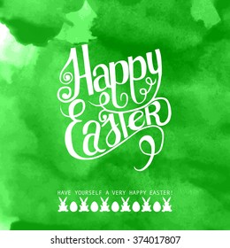 Happy easter watercolor painted colored stylized handwritten greeting inscription

