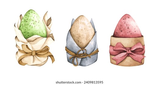 Happy Easter. Watercolor set of Easter eggs. Design elements for holiday cards. Easter collection with different color.