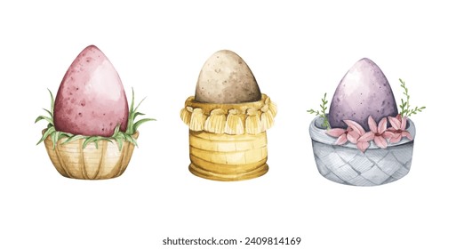Happy Easter. Watercolor set of Easter eggs. Design elements for holiday cards. Easter collection with different color.