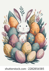 Happy Easter Watercolor, Spring Flowers, Eggs, Banner with Cute Easter Bunny, Easter Watercolor Decorative Elements with Illustrations