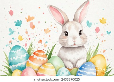 Happy easter, watercolor vector of cute Easter rabbit, eggs, and spring flowers. Spring pastel colors illustration.