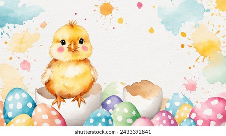 Happy easter, watercolor vector of cute yellow chicken sitting in egg shell, eggs, and spring flowers. Spring pastel colors illustration.