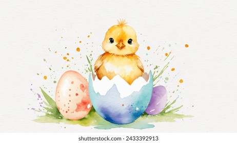 Feliz Pascua, vector de acuarela de lindo pollo amarillo sentado en cáscara de huevo, huevos y flores de primavera. Ilustración de colores pastel de primavera.