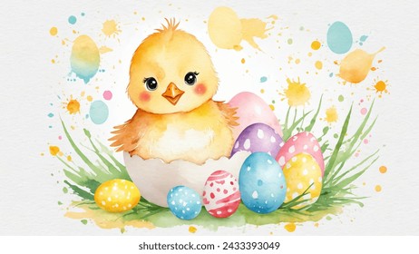 Happy easter, watercolor vector of cute yellow chicken sitting in egg shell, eggs, and spring flowers. Spring pastel colors illustration.