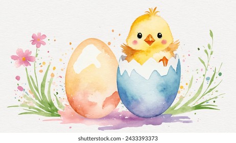 Happy easter, watercolor vector of cute yellow chicken sitting in egg shell, eggs, and spring flowers. Spring pastel colors illustration.