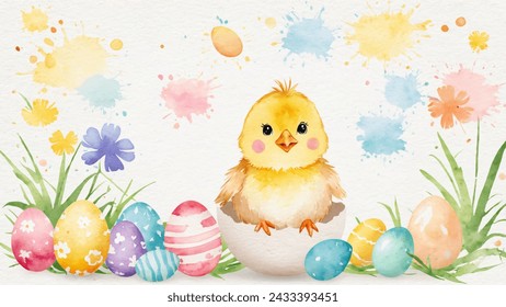 Happy easter, watercolor vector of cute yellow chicken sitting in egg shell, eggs, and spring flowers. Spring pastel colors illustration.