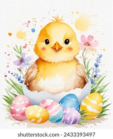 Happy easter, watercolor vector of cute yellow chicken sitting in egg shell, eggs, and spring flowers. Spring pastel colors illustration.