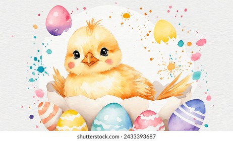 Happy easter, watercolor vector of cute yellow chicken sitting in egg shell, eggs, and spring flowers. Spring pastel colors illustration.