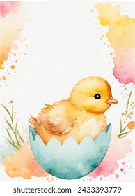 Happy easter, watercolor vector of cute yellow chicken sitting in egg shell, eggs, and spring flowers. Spring pastel colors illustration.