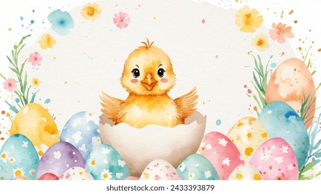 Happy easter, watercolor vector of cute yellow chicken sitting in egg shell, eggs, and spring flowers. Spring pastel colors illustration.