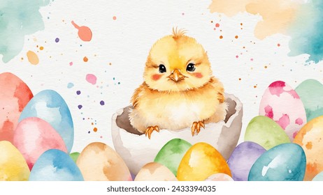 Feliz Pascua, vector de acuarela de lindo pollo amarillo sentado en cáscara de huevo, huevos y flores de primavera. Ilustración de colores pastel de primavera.