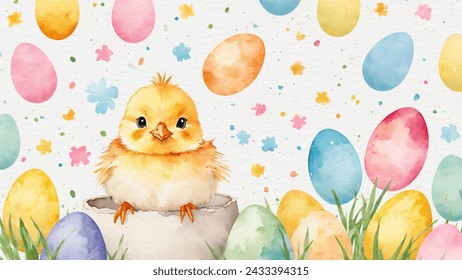 Happy easter, watercolor vector of cute yellow chicken sitting in egg shell, eggs, and spring flowers. Spring pastel colors illustration.