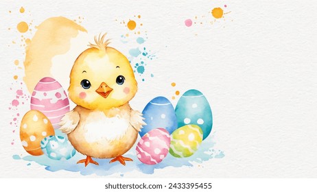 Happy Easter, The watercolor vector is of cute yellow chicken, eggs, and spring flowers. Spring pastel colors illustration.