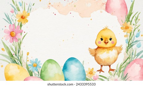 Feliz Pascua, el vector de acuarela es de pollo amarillo lindo, huevos, y flores de primavera. Ilustración de colores pastel de primavera.