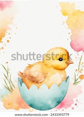 Happy easter, watercolor vector of cute yellow chicken sitting in egg shell, eggs, and spring flowers. Spring pastel colors illustration.