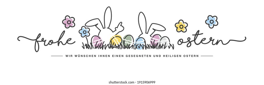 Happy Easter we wish you a holy and blessed Easter German language handwritten typography lettering line design bunny colorful flowers and eggs in grass greeting card