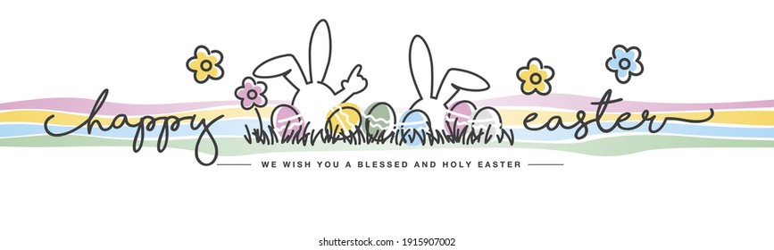 Feliz Pascua les deseamos una sagrada y bendita tipografía escrita a mano de Pascua diseño de línea de letras conejo flores coloridas y huevos en tarjeta de saludo de hierba