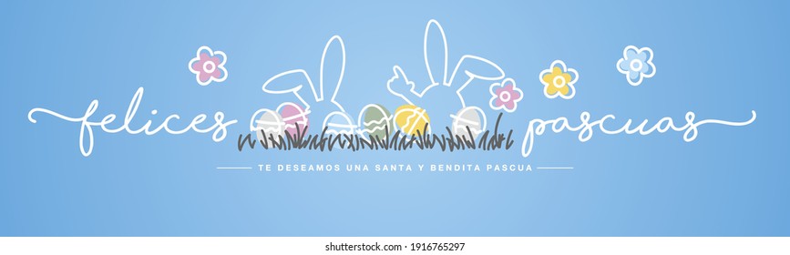 Happy Easter we wish you a holy and blessed Easter Spanish language handwritten typography lettering line design bunny colorful Easter eggs in grass egg hunt blue greeting card