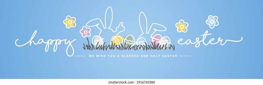 Happy Easter we wish you a holy and blessed Easter handwritten typography lettering line design bunny colorful Easter eggs in grass egg hunt blue greeting card