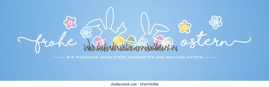 Happy Easter we wish you a holy and blessed Easter German language handwritten typography lettering line design bunny colorful Easter eggs in grass egg hunt blue greeting card