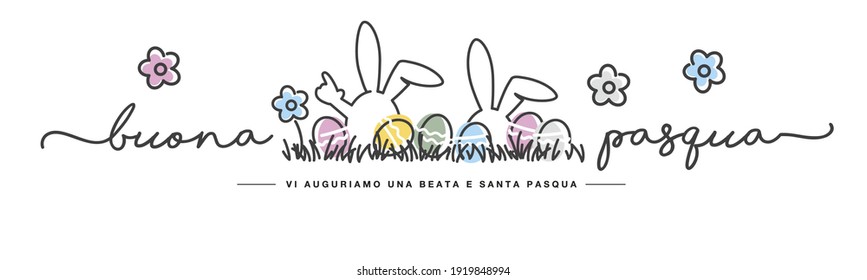 Happy Easter we wish you a holy and blessed Easter Italian language handwritten typography lettering line design bunny colorful flowers and eggs in grass greeting card