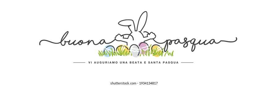 Happy Easter we wish you a holy and blessed Easter on Italian language handwritten art line design of Easter bunnies and colorful eggs in grass spring white background