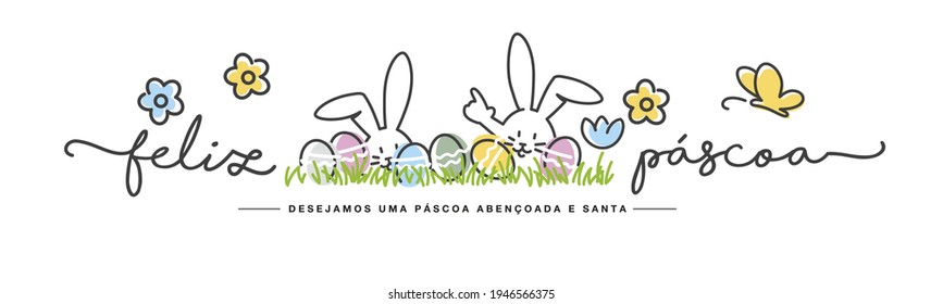 Happy Easter we wish you a holy and blessed Easter on Portuguese language handwritten art line design of cute smiling Easter bunny and colorful eggs in grass egg hunt on white background