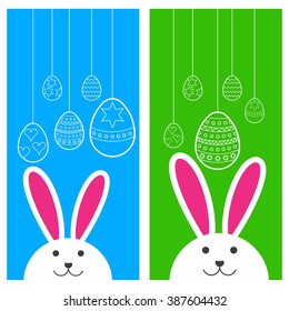 Happy Easter web banner card with bunny and eggs. Vector cartoon illustration. Cute stylish characters. Vector stock illustration.