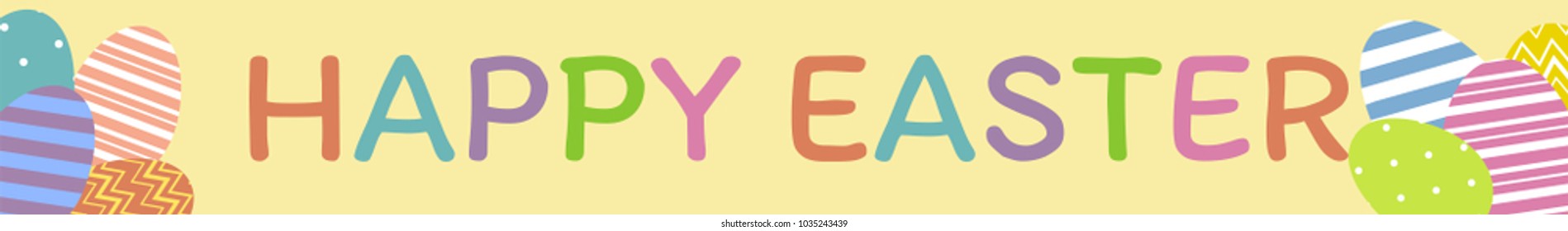 Happy Easter web banner. Colorful Easter eggs on yellow background