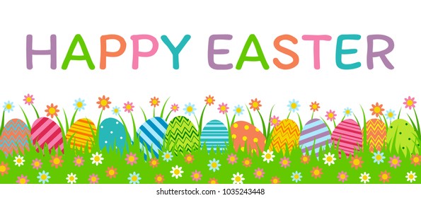 Happy Easter web banner. Colorful Easter eggs with grass isolated on white