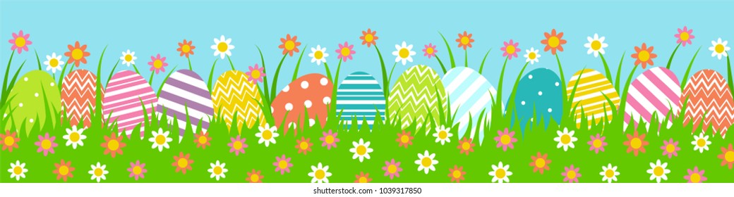 Happy Easter web banner. Colorful Easter eggs with grass on blue background