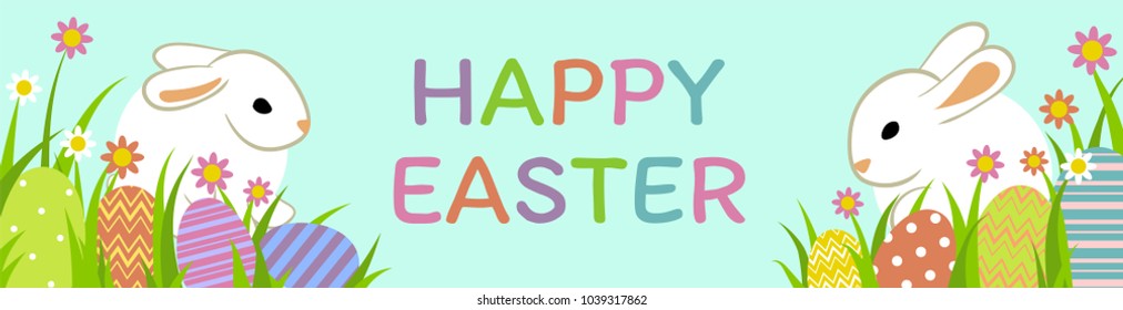 Happy Easter web banner. Colorful Easter eggs with grass on blue background