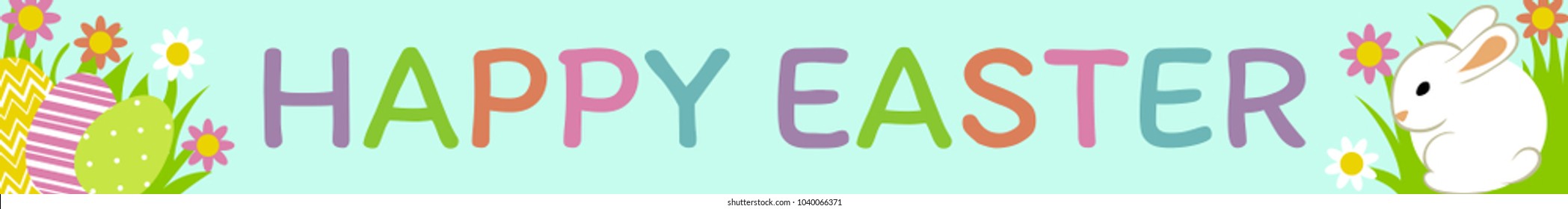 Happy Easter web banner. Colorful Easter eggs with grass on blue background