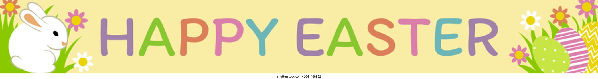 Happy Easter web banner. Colorful Easter eggs and bunny in grass on yellow background