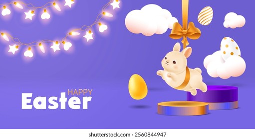 Happy Easter web banner with jumping bunny, decorative eggs and sparkling garland. Clouds and eggs hover around hare. Gift ribbon with bow holds realistic rabbit. Decor template. Vector illustration