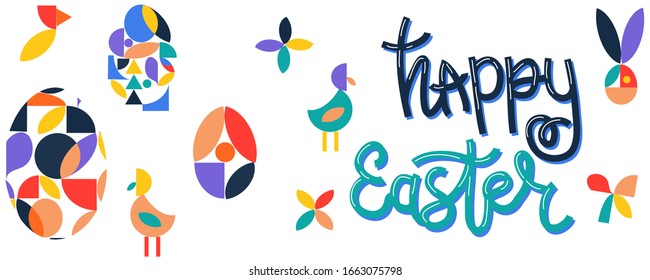 Happy Easter web banner with lettering and minimalistic decoration at bauhaus style. Geometry design at retro style.