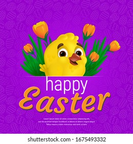 Happy Easter web banner or poster template. Vector square postcard illustration with cute smiling yellow chick and tulips on colorful background. Can be used for greeting card design or voucher