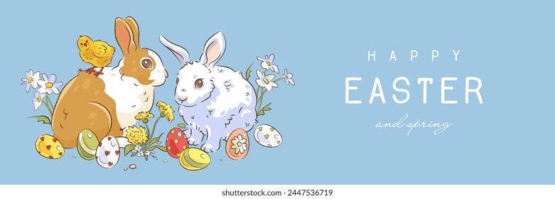 Happy easter web banner, wallpaper or greeting card with hand drawn easter bunny, easter egg, chicken and flowers on blue background. Vector illustration