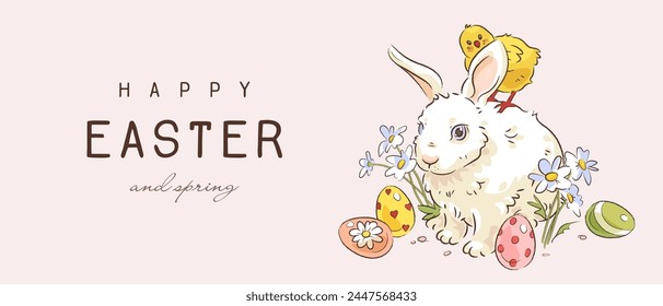 Happy easter web banner, wallpaper or greeting card with hand drawn easter bunny, easter egg, chicken and flowers on pink background. Vector illustration