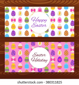 Happy Easter web banners on wooden texture. Vector illustration of spring holiday flyers with colorful eggs.