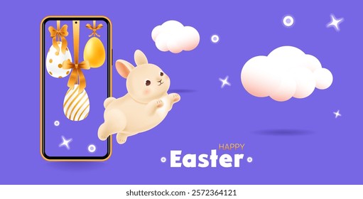 Happy Easter web greeting banner. Smiling bunny jumping out of smartphone. Festive Easter eggs hanging on gift ribbon on screensaver. Decorative clouds and neon objects. Vector illustration