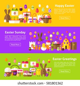 Happy Easter Web Horizontal Banners. Flat Style Vector Illustration for Website Header. Spring Holiday Objects.