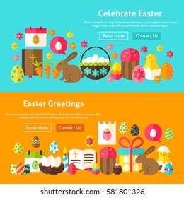 Happy Easter Website Banners. Vector Illustration for Web Header. Spring Holiday Flat Design.