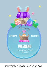 Happy Easter Weekend Poster Invitation Rabbit Bunny House Eggs Basket Cute Cartoon Funny Character Easter Spring Blue Sky Isolated Vector Design Illustration