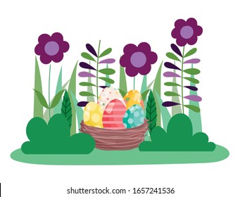 happy easter whisker basket with decorated eggs on grass with flowers vector illustration